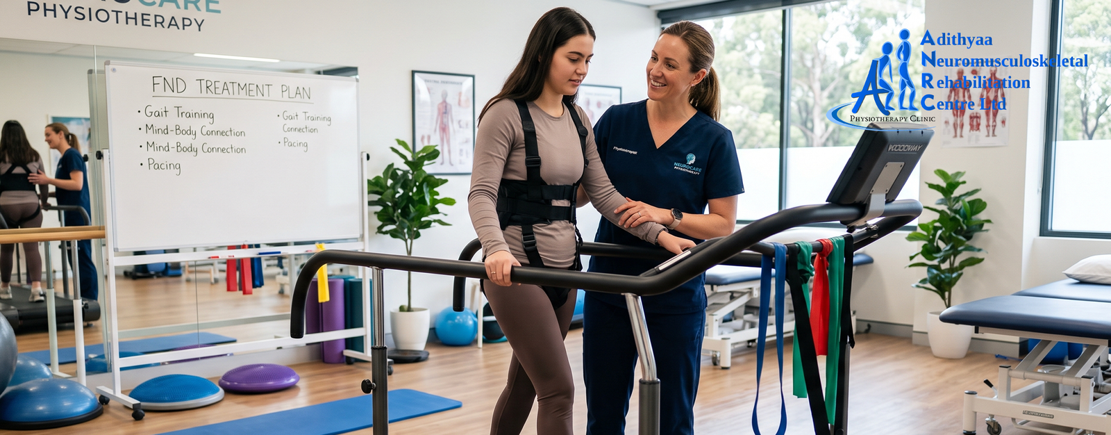 Physiotherapist supporting a patient with Functional Neurological Disorder retraining movement patterns