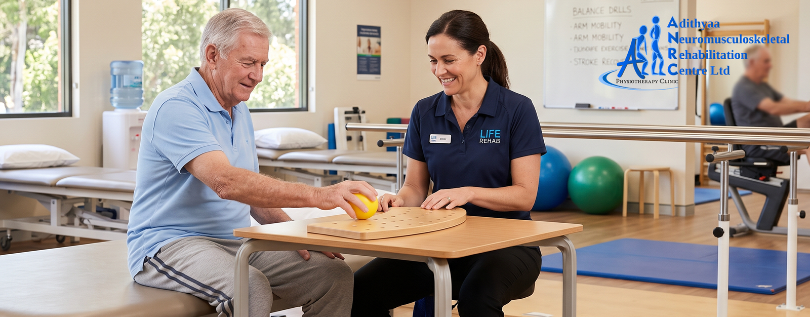 Therapist guiding a stroke patient in motor skills and balance recovery